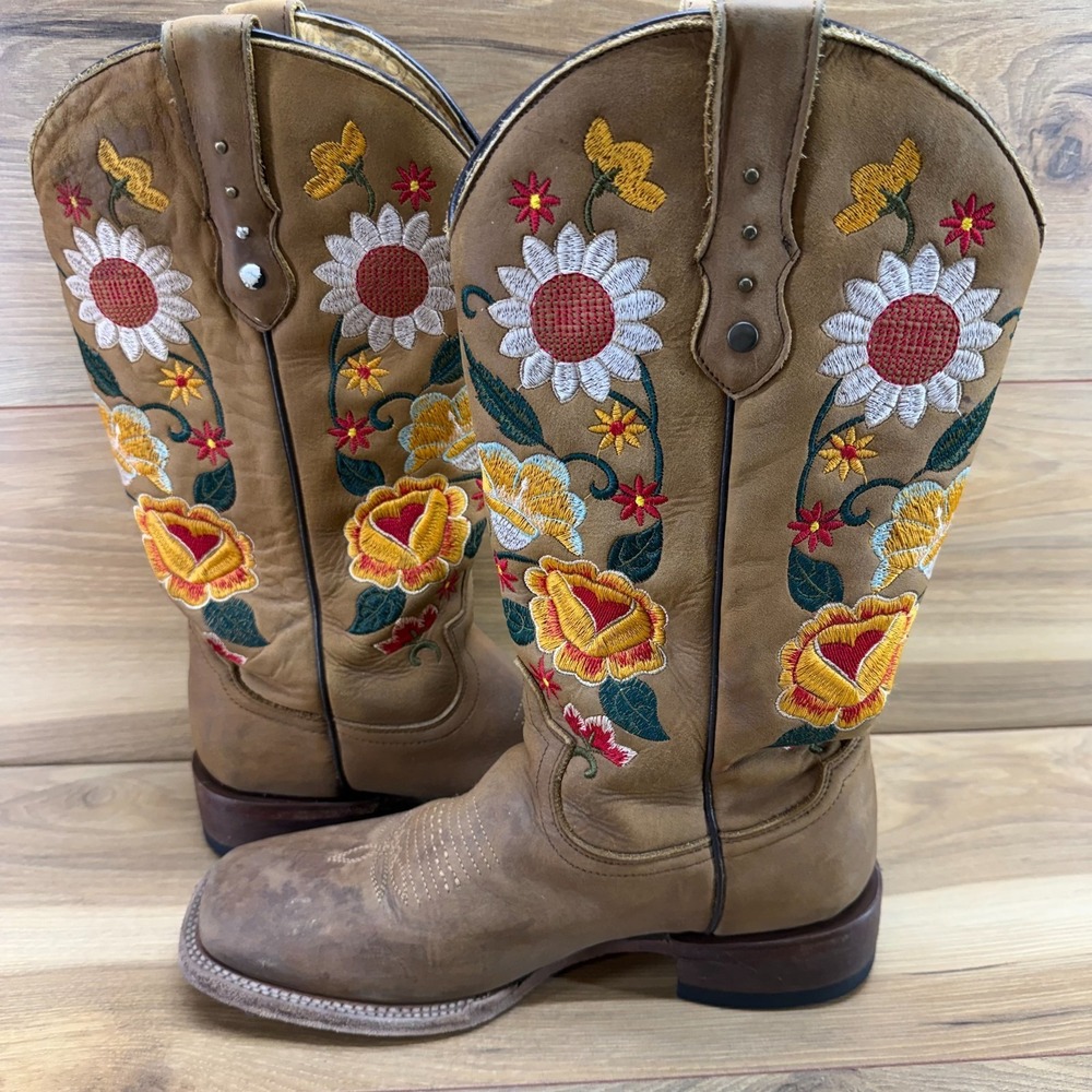 Rock EM Western Boots Floral Bird Embroidered Womens 9 Square Toe Rodeo Brown - Picture 6 of 13